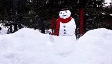 A sequence of six images shows a snowman in a snowy forest, initially standing upright, then progressively getting hit by…