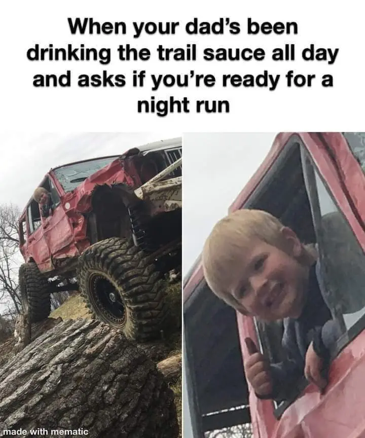 The image is split into two panels. The left panel shows a red, heavily modified off-road vehicle with large tires, stuck at…