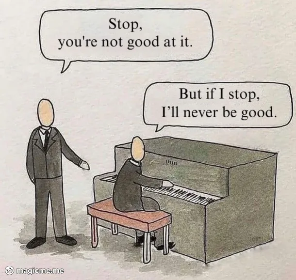 A cartoon depicts a person in a suit standing and telling another person seated at a piano to stop playing, with the seated…