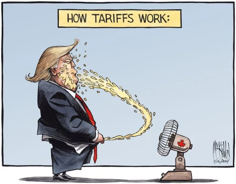 A cartoon depicts a man with a distinctive hairstyle and beard, wearing a suit and red tie, blowing a stream of yellow coins…