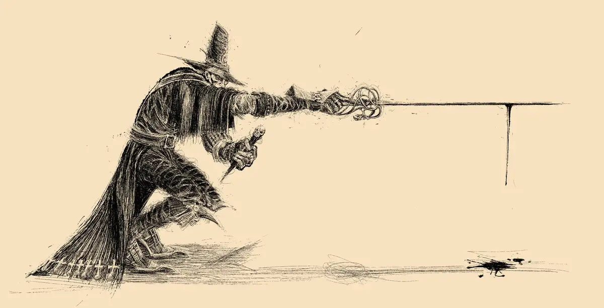 A black-and-white sketch depicts a man in a wide-brimmed hat and long coat, crouched and lunging forward with a sword, his…