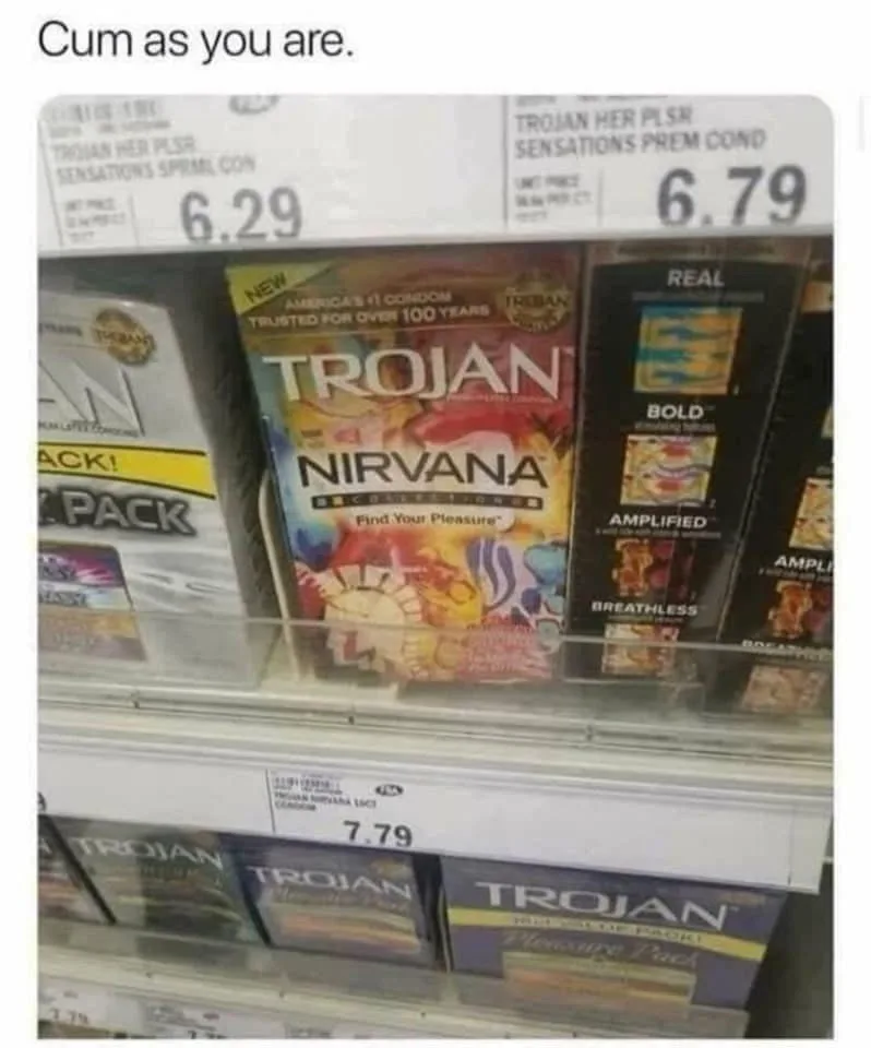 A store shelf displays various Trojan condom packages, including 'Nirvana Collection' priced at $7.79, with overlaid text…