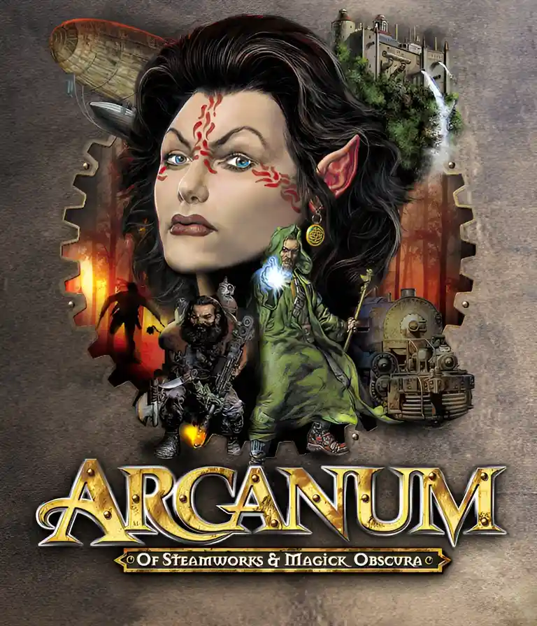 A promotional artwork for the game 'Arcanum: Of Steamworks & Magick Obscura' features a large portrait of an elfin woman…