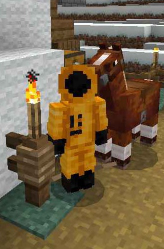 A Minecraft character in a yellow hazmat suit with a sad face stands next to a brown horse in a pixelated game world. A…