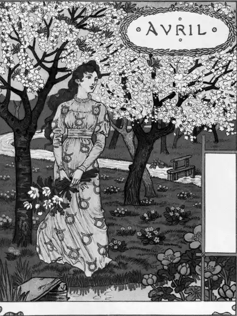A vintage black-and-white illustration depicts a woman in a long, patterned dress standing in a garden under blooming trees…