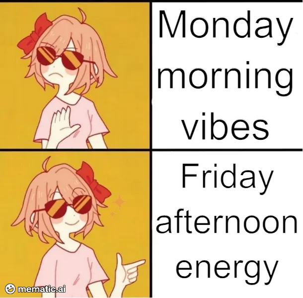 A two-panel meme featuring the same anime girl with a red bow and sunglasses. In the top panel, she looks tired and…