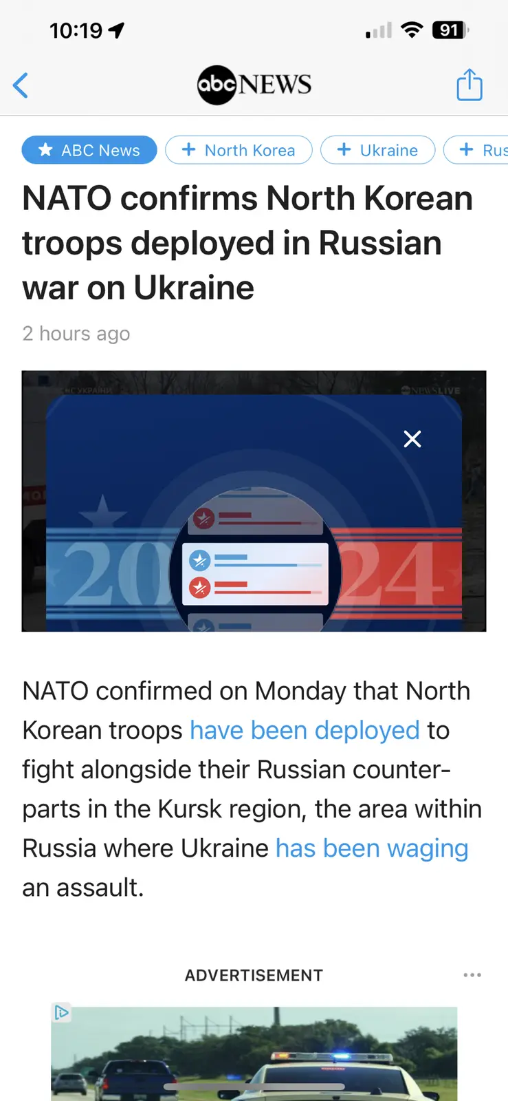 A screenshot of an ABC News article with the headline 'NATO confirms North Korean troops deployed in Russian war on…