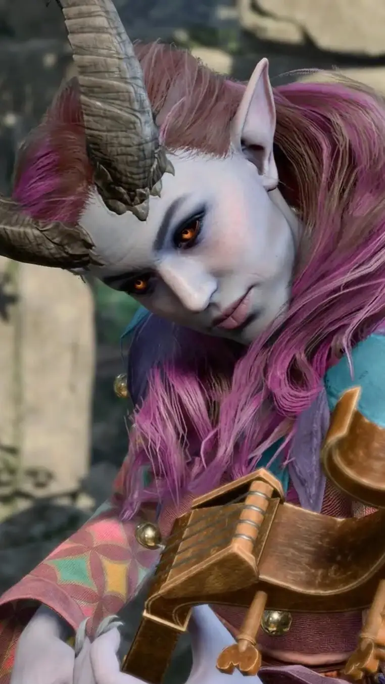 A close-up of a fantasy character with white skin, large horns, and vibrant pink hair, holding a stringed instrument and…