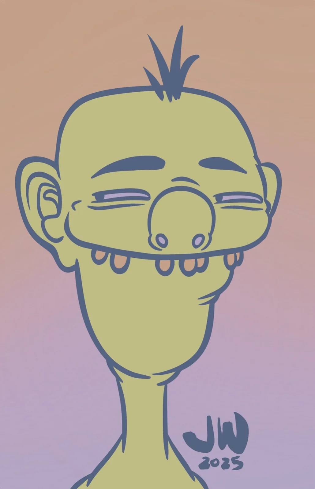 A cartoon drawing of a green-skinned, bald-headed character with a single spiky hair, closed eyes, and a wide grin showing…