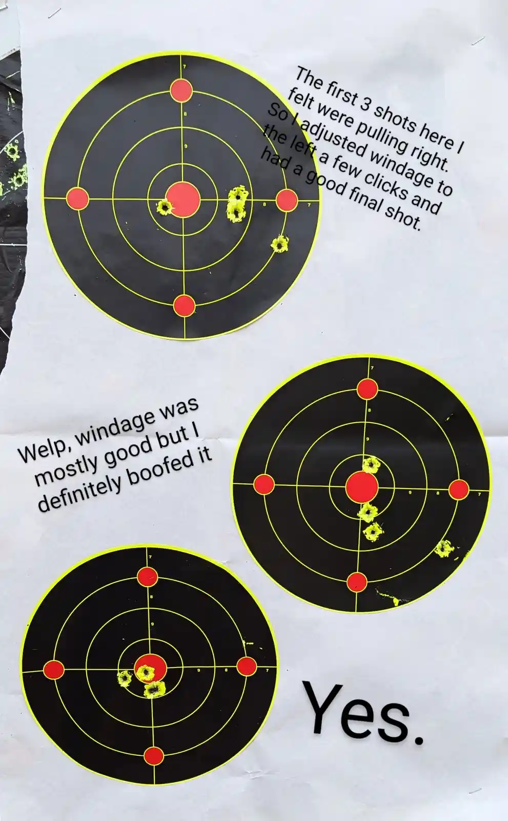 Three black shooting targets with yellow rings and red bullseyes are shown, each with bullet holes. The top target has three…