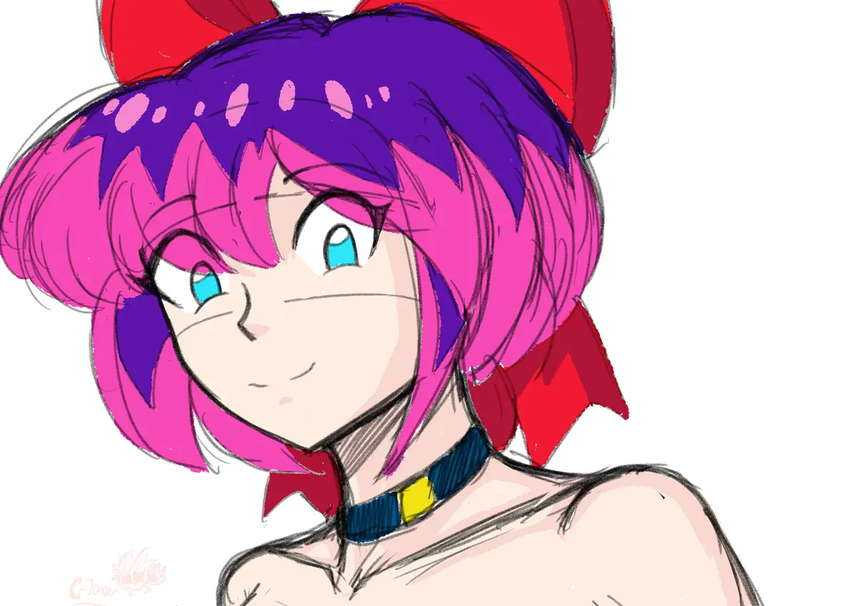 An anime-style drawing of a character with pink and purple hair, red bow, and blue eyes, looking slightly annoyed or…