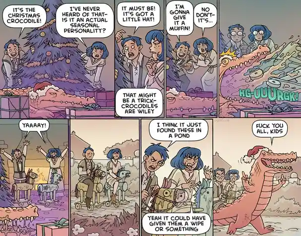 A comic strip depicts a group of people discovering a crocodile disguised as a Christmas tree, mistaking it for a seasonal…