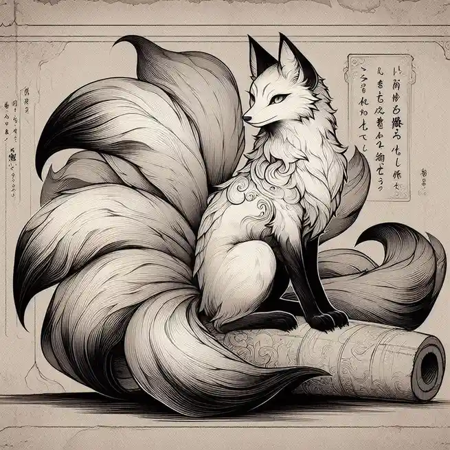 A detailed black-and-white illustration of a nine-tailed fox, a mythical creature from East Asian folklore, sitting…