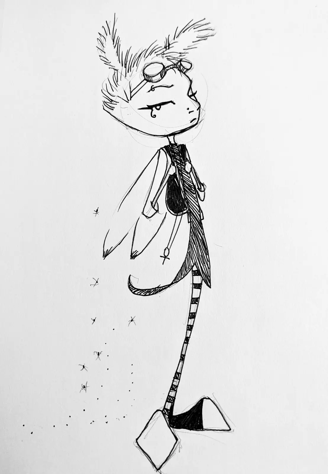A black-and-white sketch shows a stylized, anime-like character with spiky hair, goggles, and a long, striped tail ending in…
