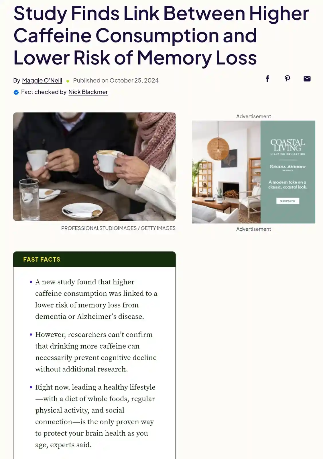 An article screenshot shows a headline about caffeine and memory loss, with a photo of two people holding coffee cups. The…