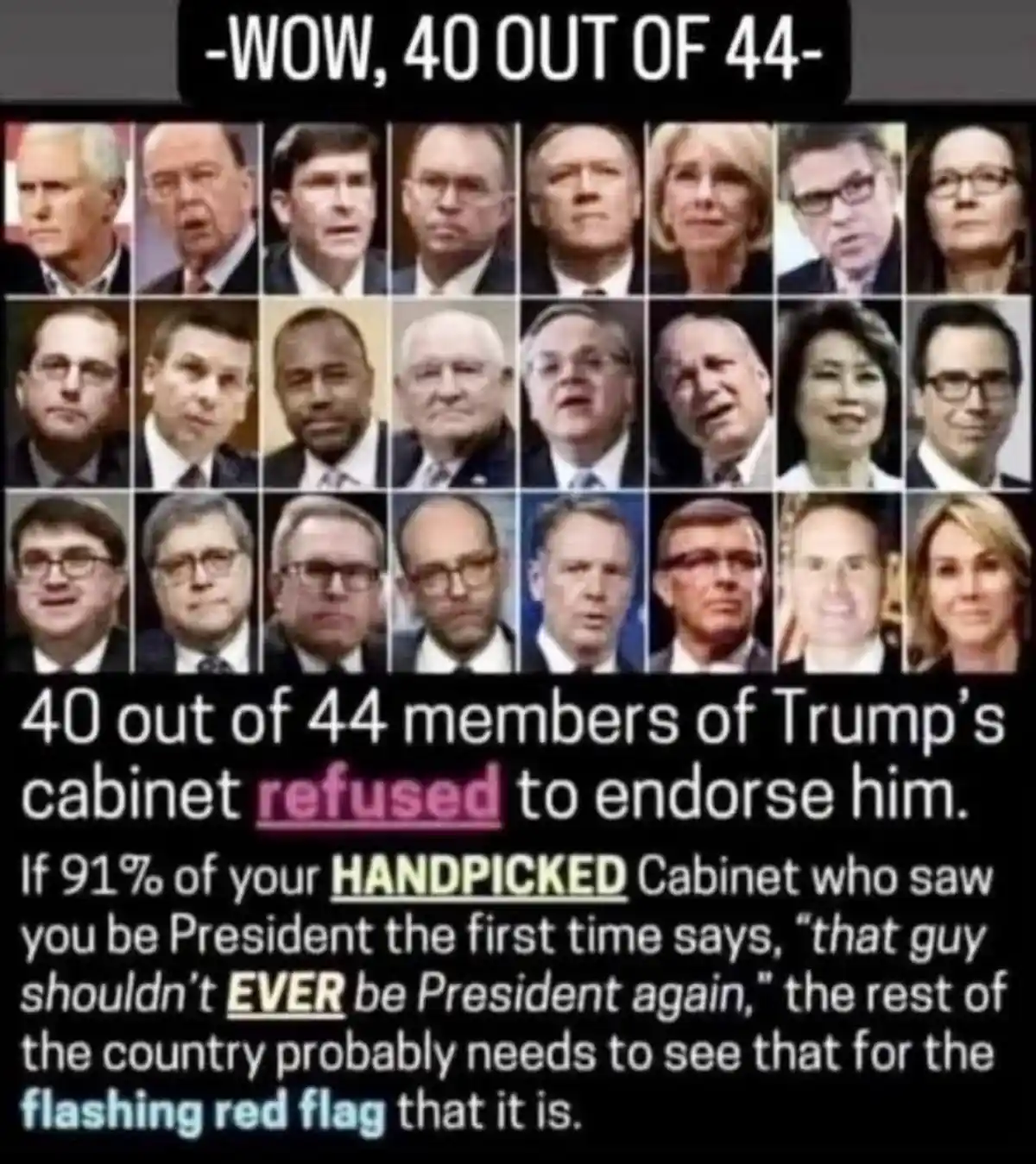 The image displays a grid of 44 headshots of individuals, presumably members of Donald Trump's cabinet, with a large text…