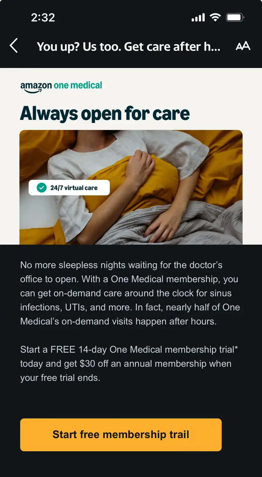 A screenshot of an Amazon One Medical app ad showing a person in bed under yellow and gray blankets. The ad promotes 24/7…