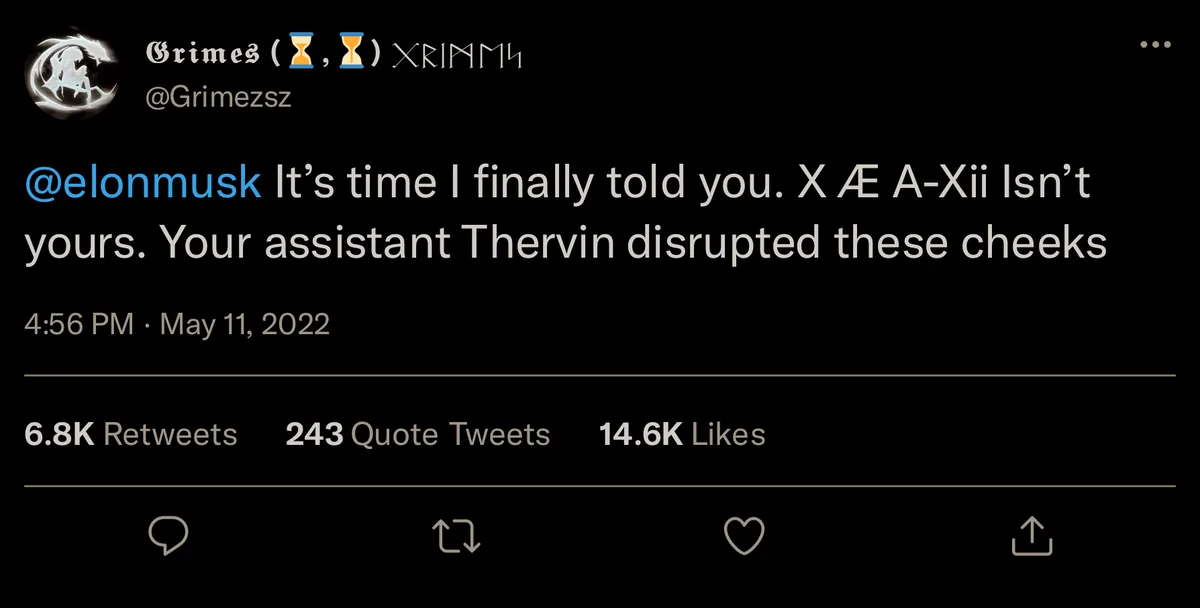 A screenshot of a tweet from musician Grimes (@GrimezsZ) posted on May 11, 2022, where she addresses Elon Musk, stating that…