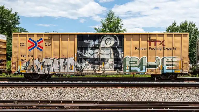 A yellow railcar with 'TTX Railcar Pooling Experts' branding and graffiti art is shown on train tracks under a partly cloudy…