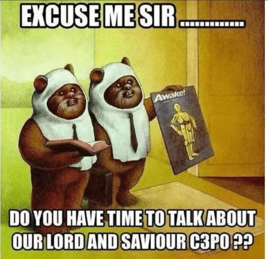 Two cartoon bears dressed in white hooded robes and ties stand in a doorway. One holds an open book, the other holds a…