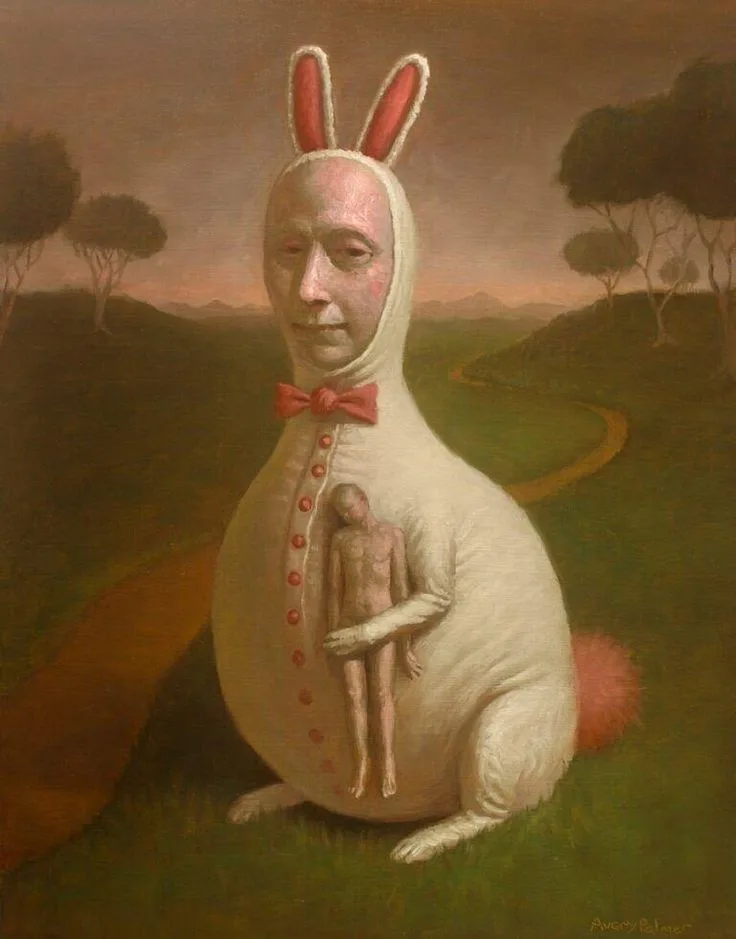 A surreal painting depicts a man with a human face wearing a white bunny costume with red bowtie and ears, sitting in a…