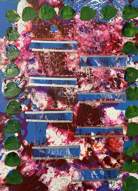 An abstract painting features a central blue and white striped structure resembling stairs or a ladder, surrounded by…