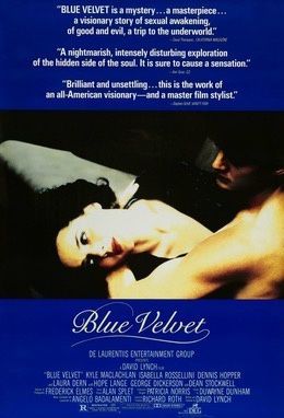 The image is a movie poster for 'Blue Velvet' featuring a close-up of a woman's face looking upward, with a man's face…