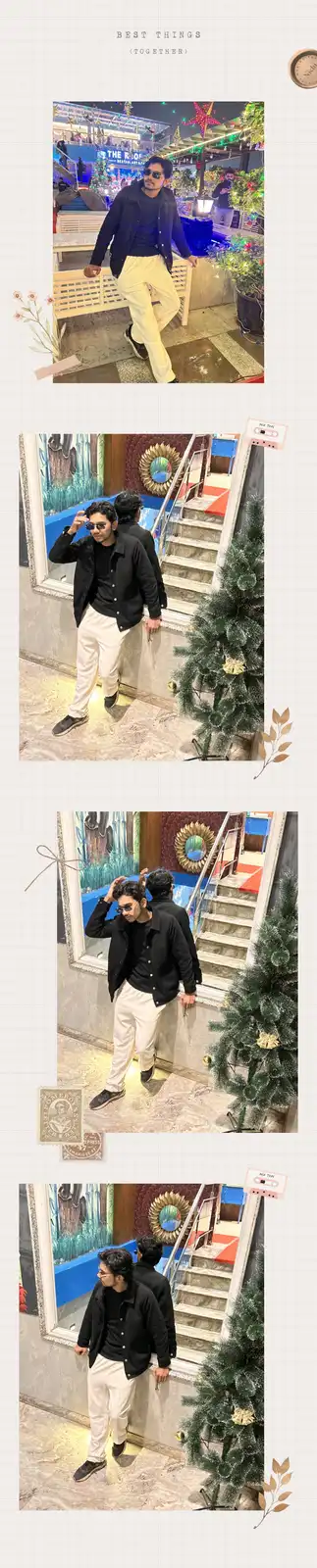 A collage of four photos shows a man in a black jacket and white pants posing in different festive settings, including a…