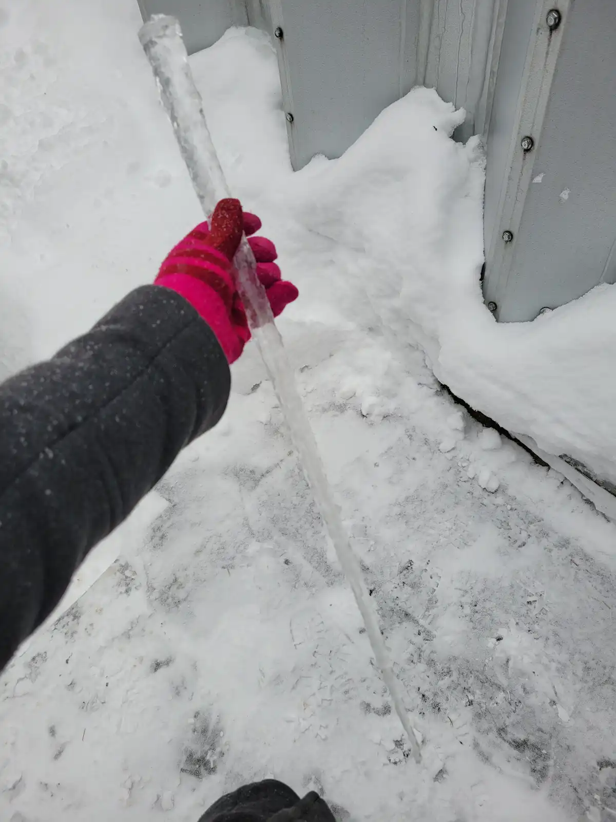 A person wearing a pink glove and dark jacket holds a long, clear icicle they've just broken off from a metal structure…