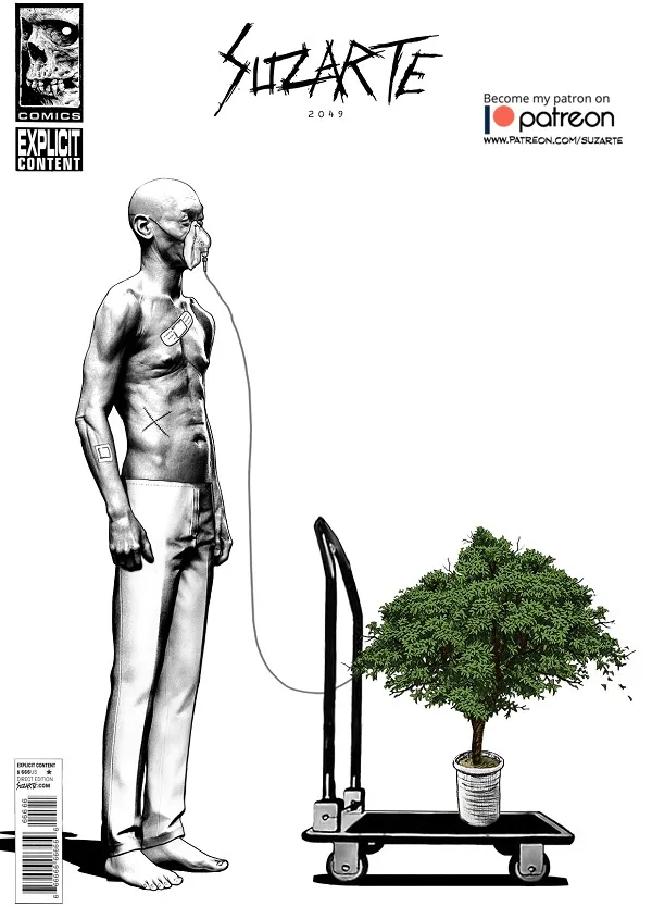 A black-and-white comic book cover by Suzarte (2049) shows a gaunt, bandaged, oxygen-masked man standing next to a dolly…