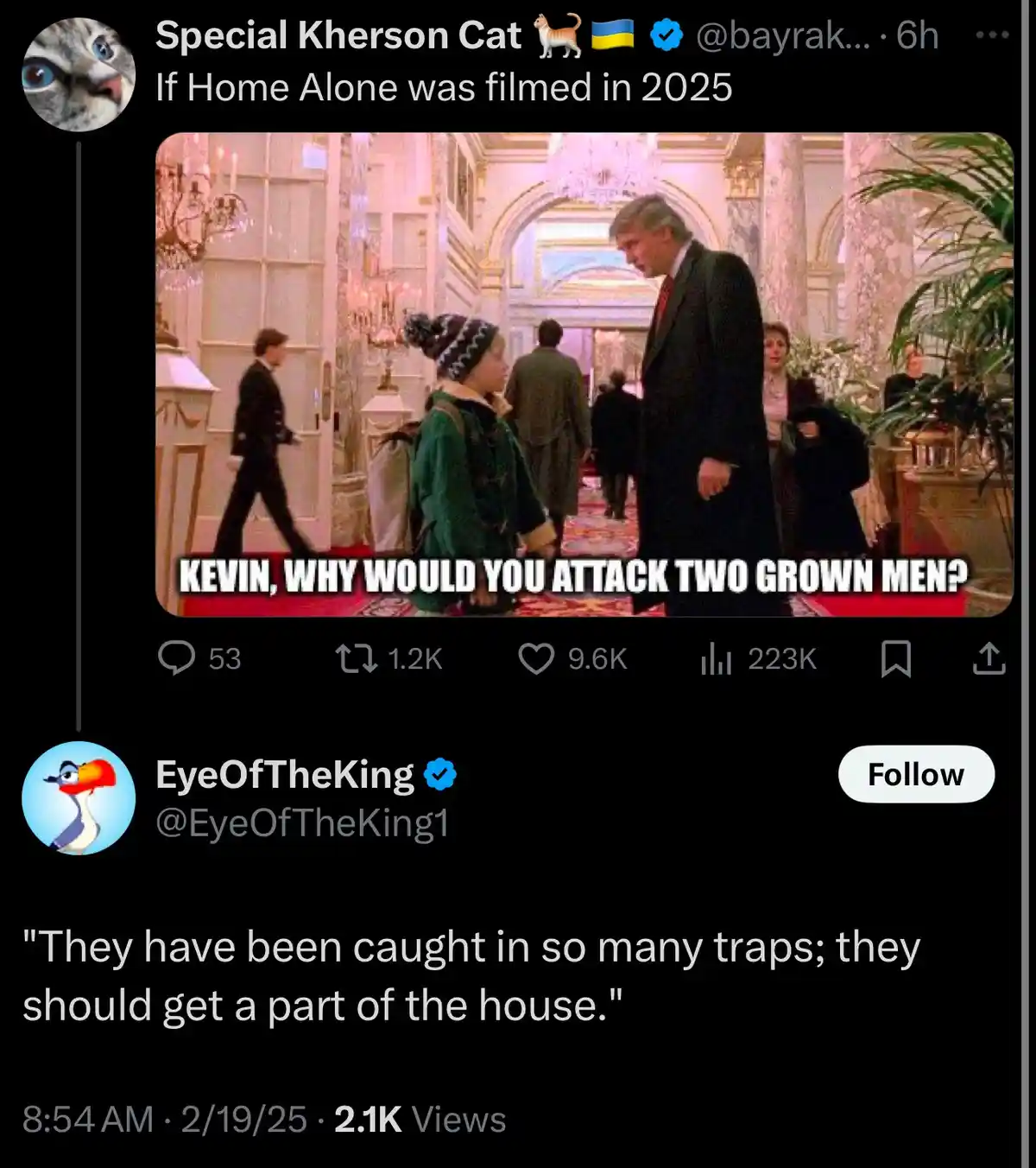 A still from the movie 'Home Alone' shows a young boy in a green jacket and beanie facing an adult man in a suit in a grand…