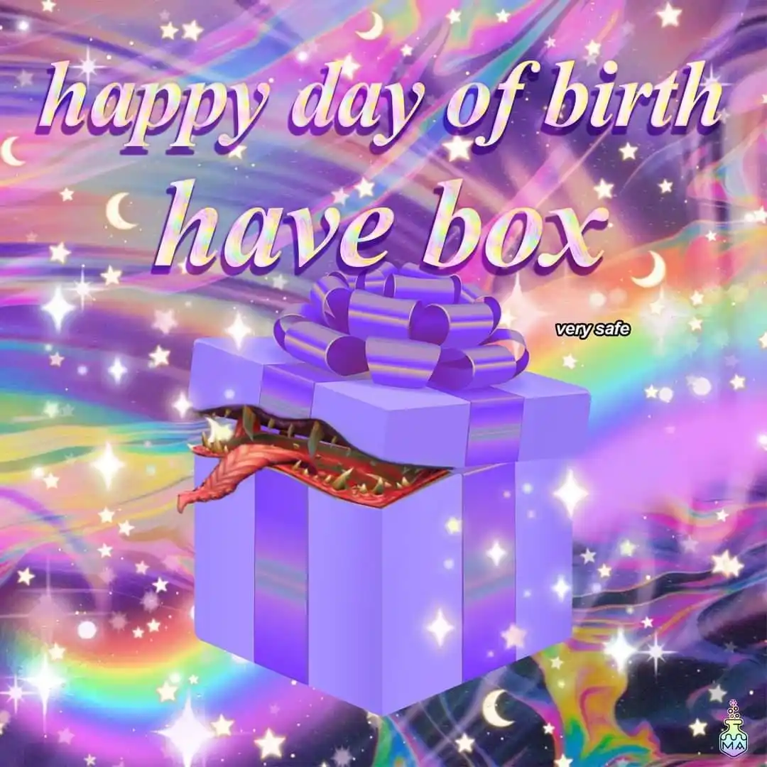A purple gift box with a large bow sits against a psychedelic, starry background with rainbow swirls. The box is open…