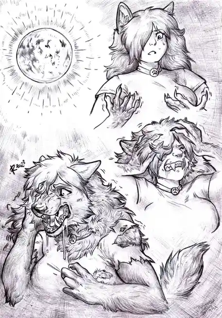 A black-and-white sketch shows a human woman with wolf ears and a collar, looking distressed as her hands transform into…
