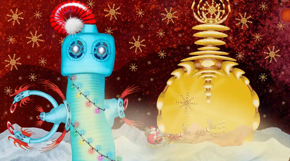 A blue, cartoonish robot with glowing eyes and a red-and-white Santa hat stands in a snowy landscape, adorned with string…