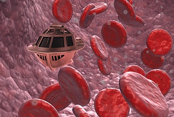 A 3D-rendered image shows a small, beige, UFO-like spacecraft floating amidst numerous red blood cells inside a blood…