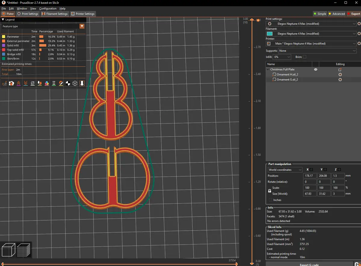 A screenshot of PrusaSlicer software showing a 3D model of a Christmas ornament shaped like the number '8' with a red fill…