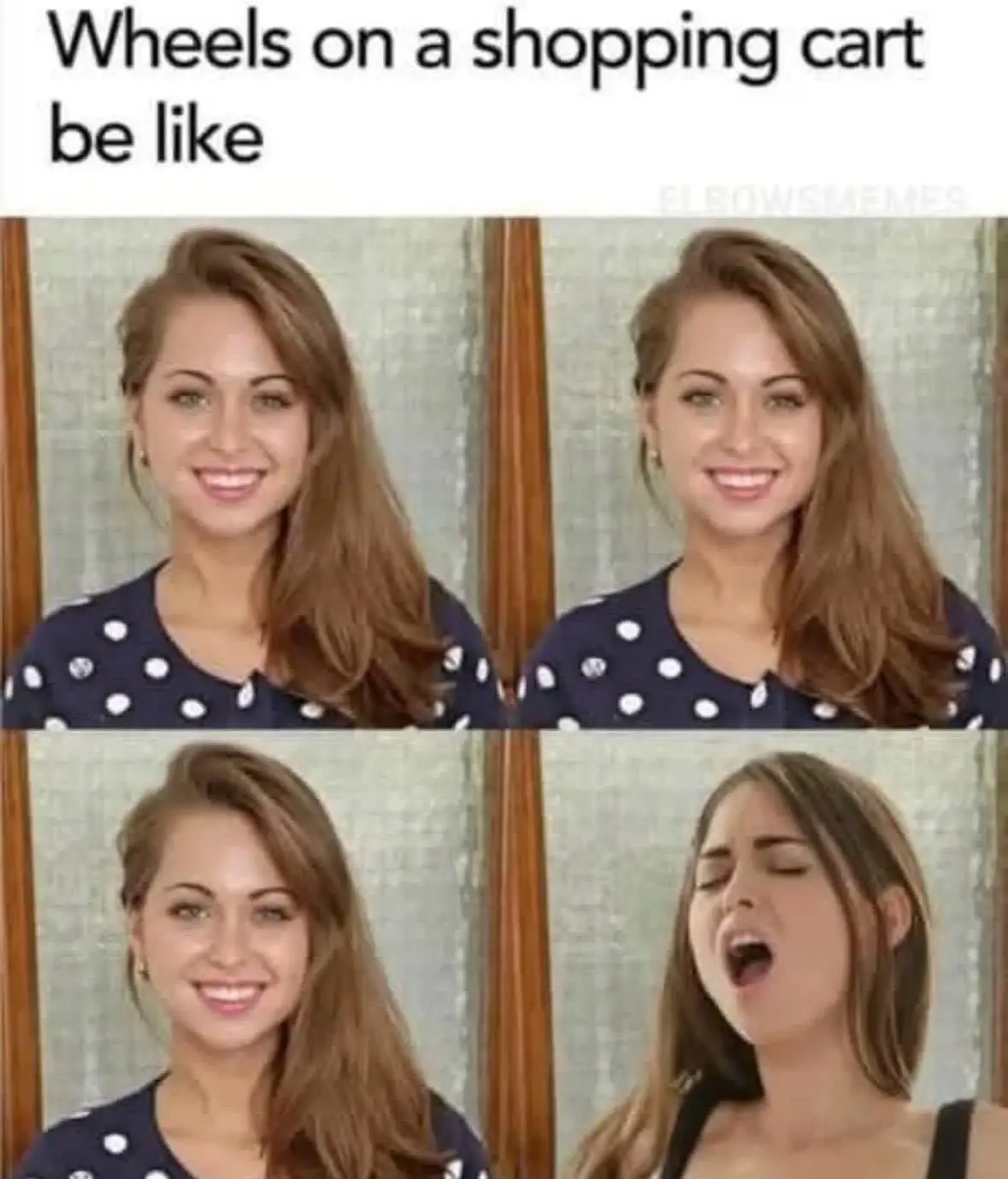 A four-panel image shows a woman smiling in the top-left and top-right panels, then transitioning to a panel where she is…