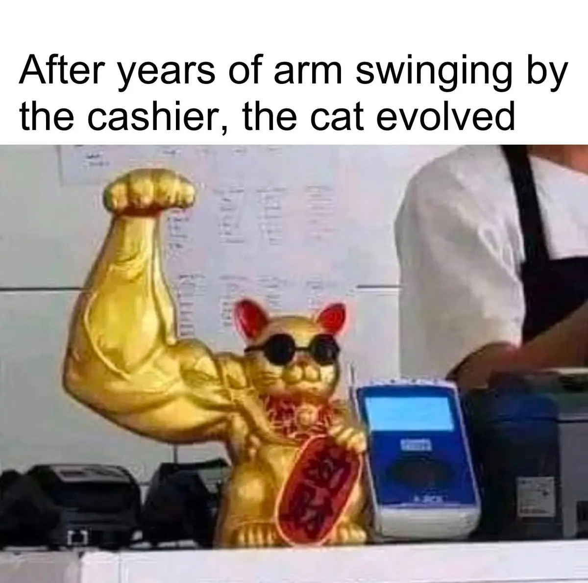 A golden Maneki-neko cat statue with an exaggeratedly muscular arm, wearing sunglasses, sits on a counter next to a payment…