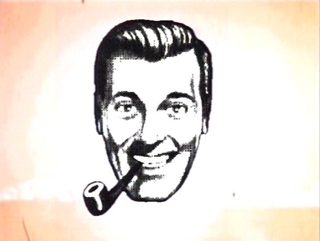 A black-and-white halftone illustration of a smiling man with slicked-back hair, smoking a pipe, set against a light peach…