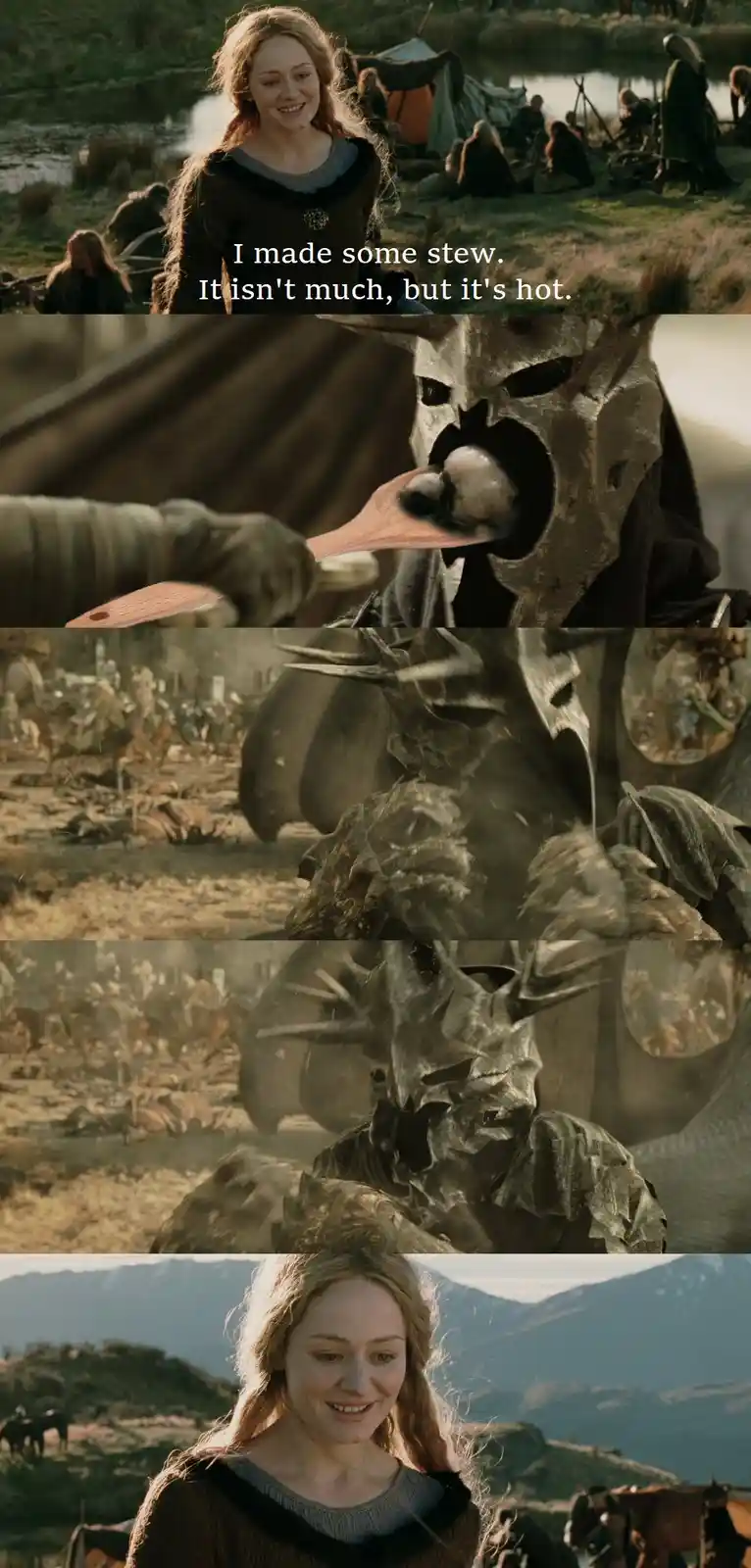 A five-panel meme from 'The Lord of the Rings' showing Arwen offering stew to a masked orc, who then violently eats it…