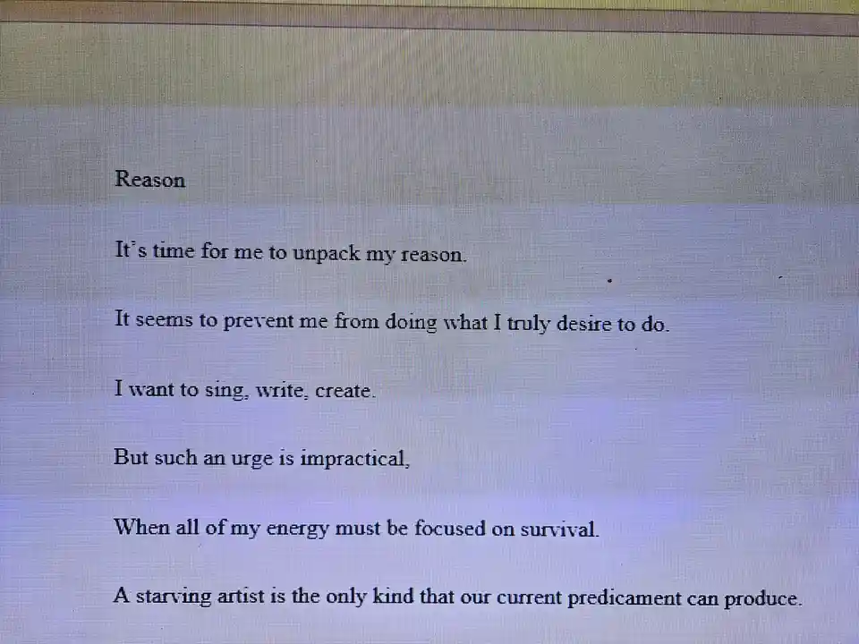 A screenshot of a computer screen displaying a text passage titled 'Reason,' which humorously laments that one's desire to…