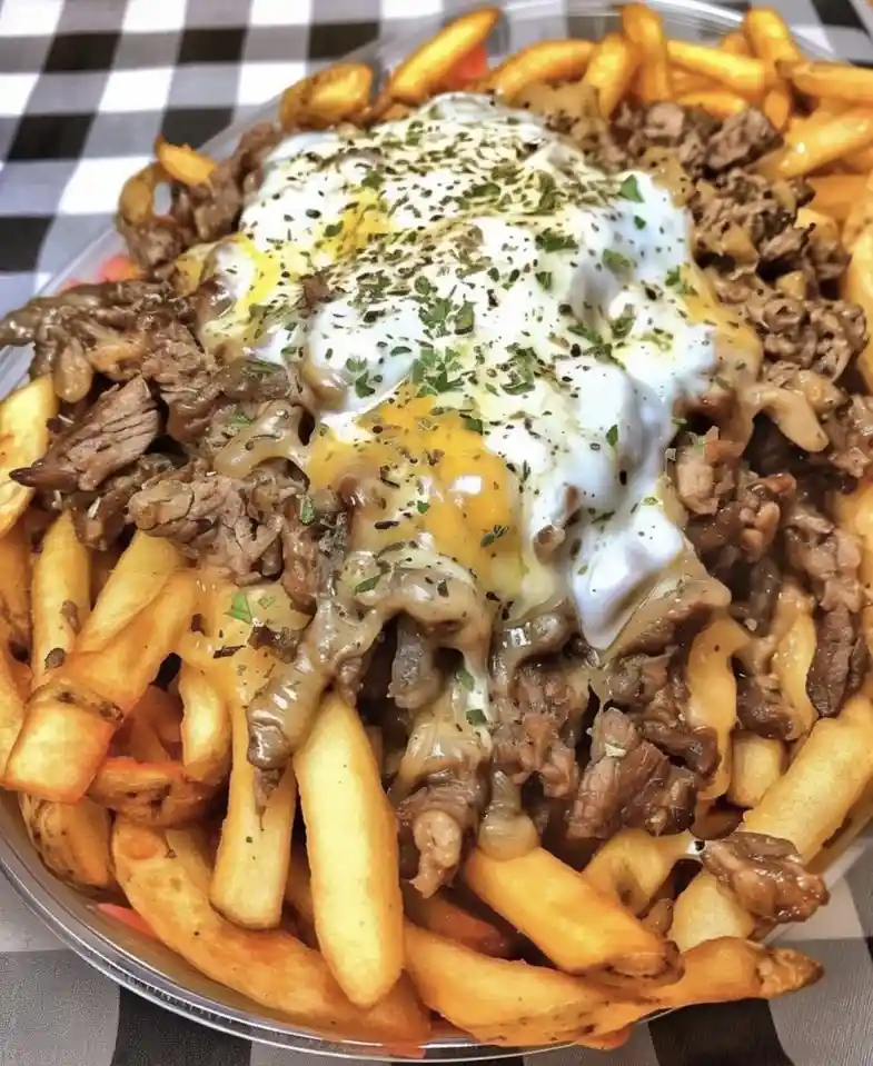 a close-up photo of a plastic container filled with golden french fries topped with shredded meat, melted cheese, a large…