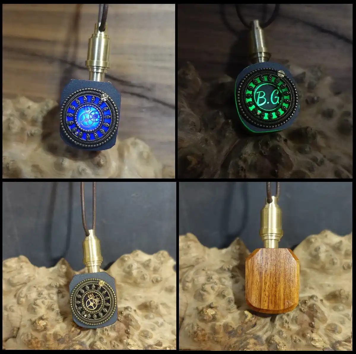 A four-panel image displays a steampunk-style pendant necklace with a brass connector and leather cord. The top-left panel…