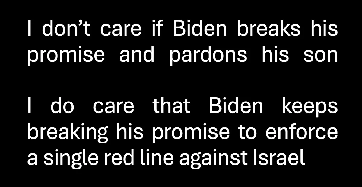 The image is a black background with white text in two paragraphs. The top paragraph reads 'I don't care if Biden breaks his…