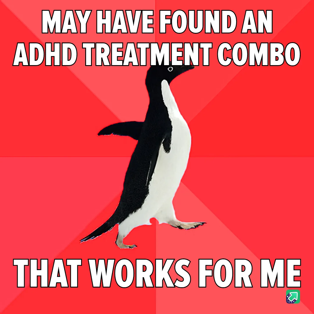 A black-and-white penguin stands upright against a red background with diagonal stripes. The text at the top reads 'MAY HAVE…