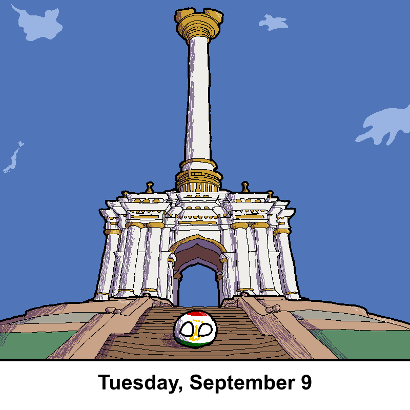A cartoonish, white and gold monument with a tall column stands under a blue sky with clouds. At the base of the monument's…