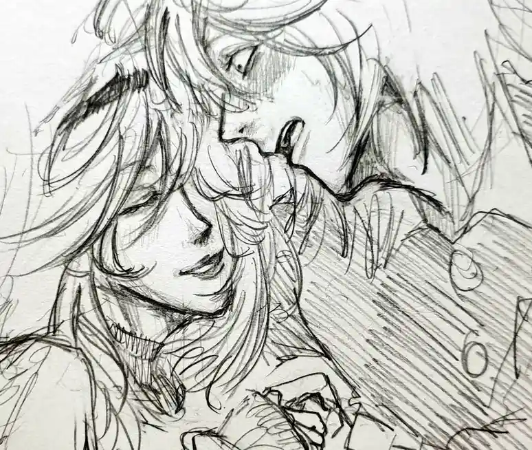 A rough pencil sketch depicts two anime-style characters in an intimate moment, with one character leaning in to kiss the…