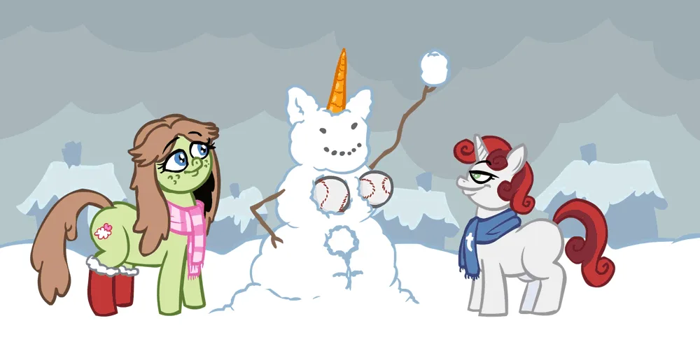 A comic strip featuring two cartoon ponies in a snowy scene. The first panel shows them building a snowman with a carrot…