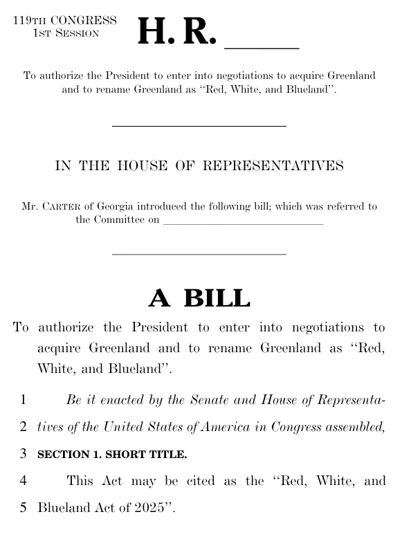 The image displays a mock U.S. legislative bill titled 'A BILL' from the 119th Congress, 1st Session. The bill, introduced…