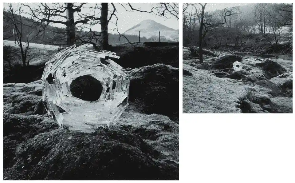 two black-and-white photographs show a large, geometric, crystalline structure resembling a broken or incomplete octagonal…
